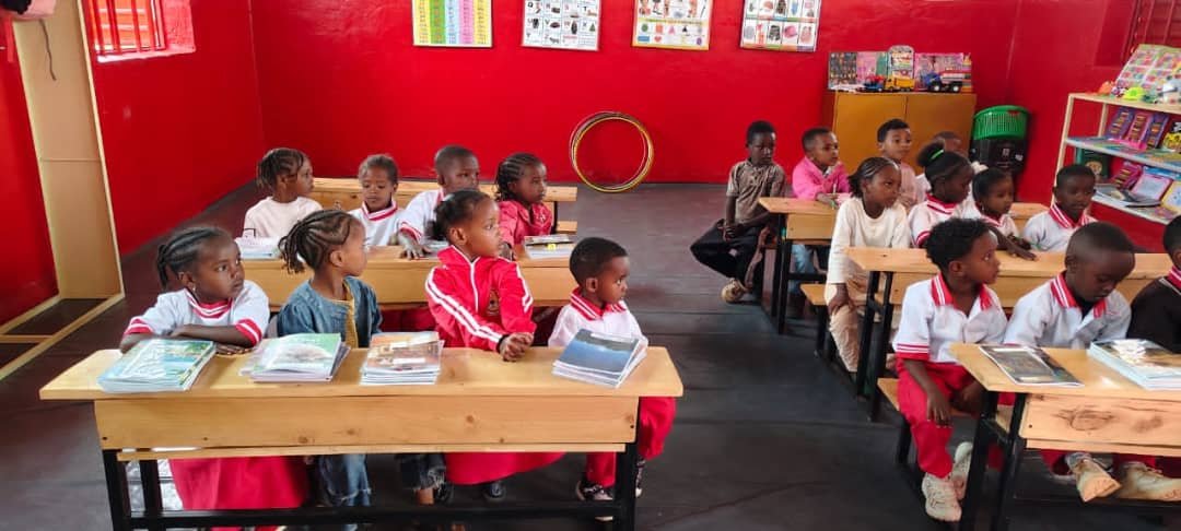 Pupils at their desks on the first day of school in Yabello